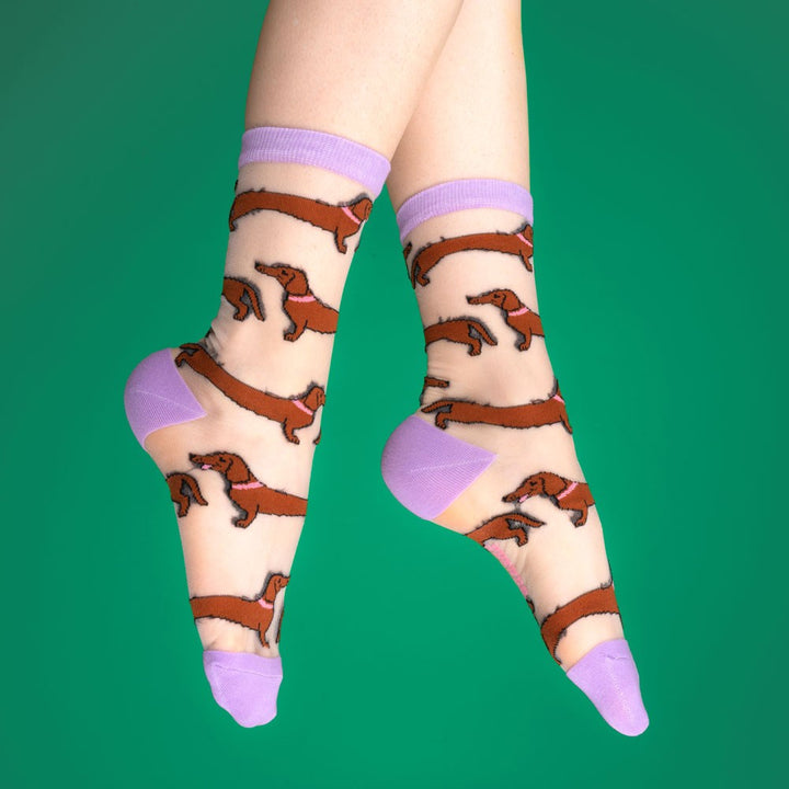 Coucou Suzette Dachshund Sheer Socks - Tragebild mit grünem Hintergrund