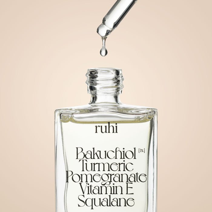 ruhi rituals The Bakuchiol Oil Serum - beige background - close up